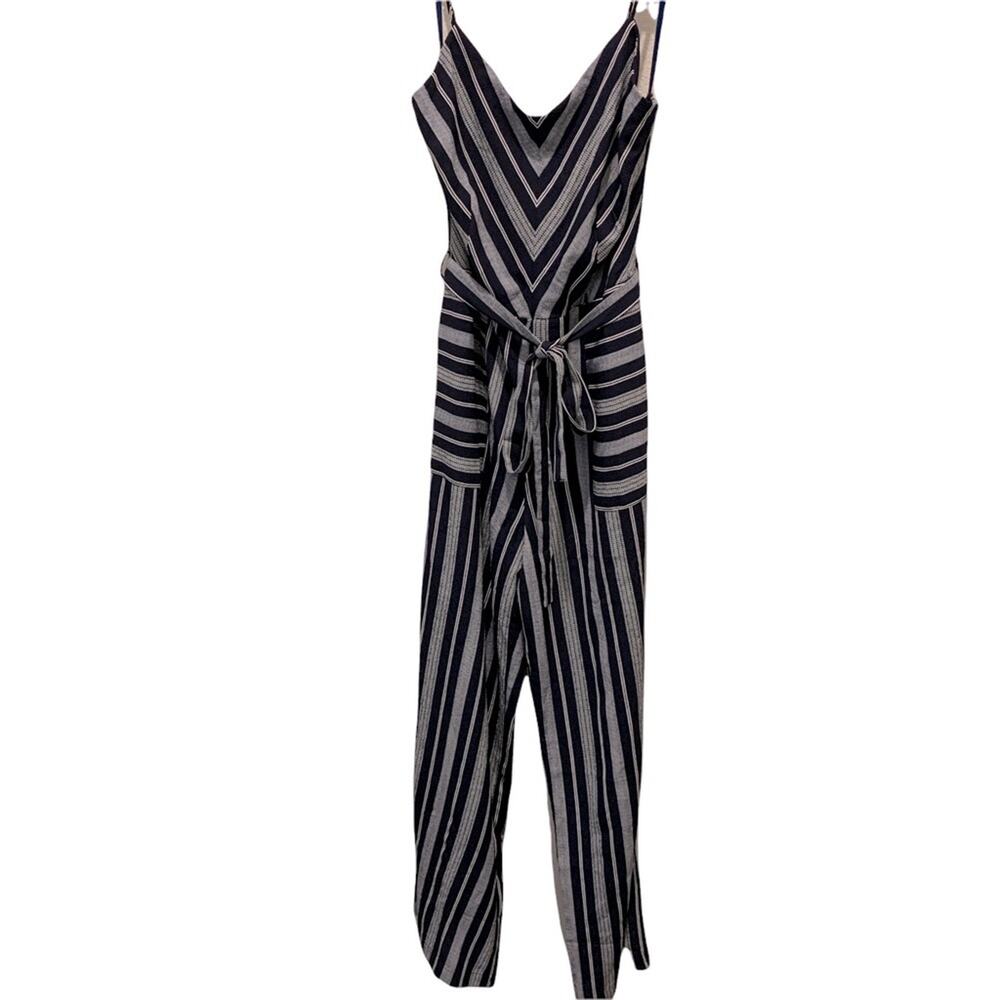 MONTEAU size medium navy blue striped belted jumpsuit. V neck. Speghetti straps.